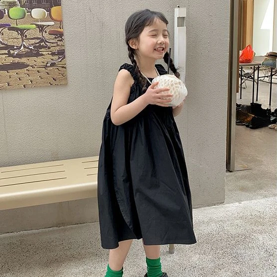 

2023 New Summer Girls Dresses Solid Suspender Pleated Kids Dresses for Girls Fashion Children Clothes Girl Vestidos