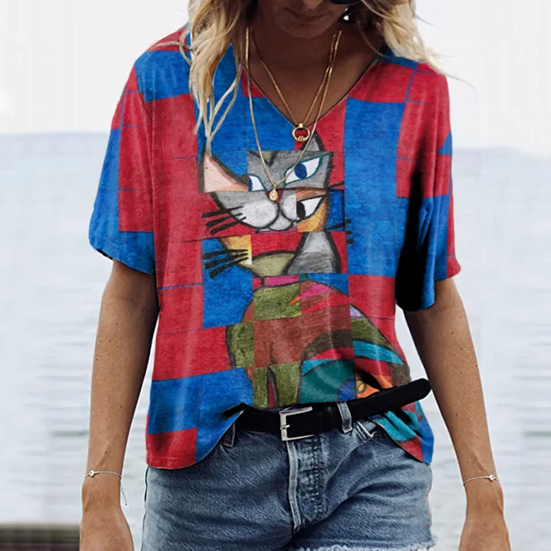 

Футболка женская с V-образным вырезом, модная Милая Свободная рубашка с коротким рукавом, топ с абстрактным принтом в ретро стиле, повседневная одежда, большие размеры, на лето