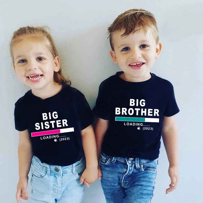

New Big Brother/Sister Loading 2023 Toddler Kids Announcement T Shirt Cotton Tops Tees Shirts Outfits Babe Summer Clothes 1-10Y