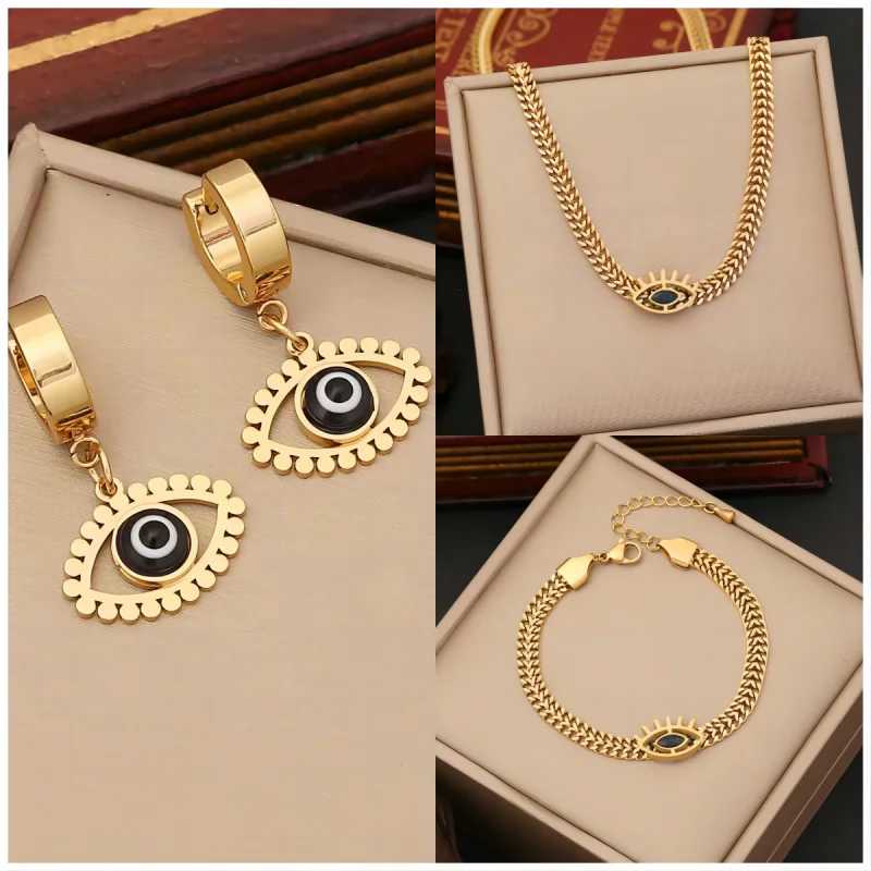 

Jewelry Set for Women Fashion Luxury Retro Eye Gold Color Chain Stainless Steel Necklace Bracelet Earrings Girls Party New Gift
