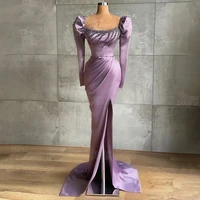 sexy mermaid prom dresses satin puff sleeves evening gown for woman slit floor length square neck with beading vestidos de noche