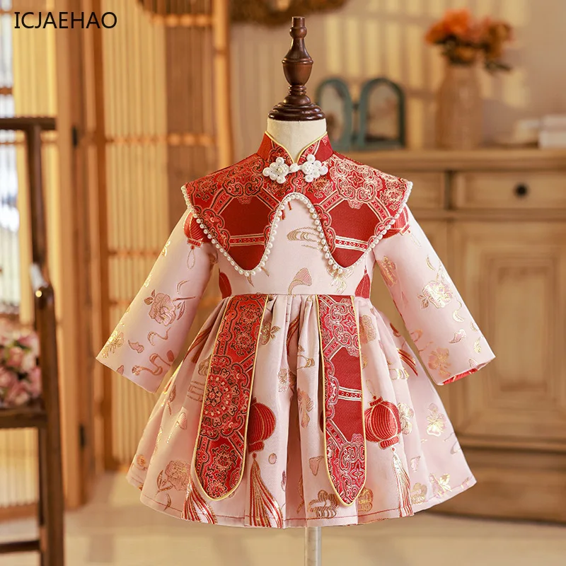 Фото ICJAEHAO китайское платье для маленьких девочек, детское платье Cheongsam на день рождения, платье Тан для девочек, новогоднее поздравительное платье, национальное платье с длинными рукавами №1