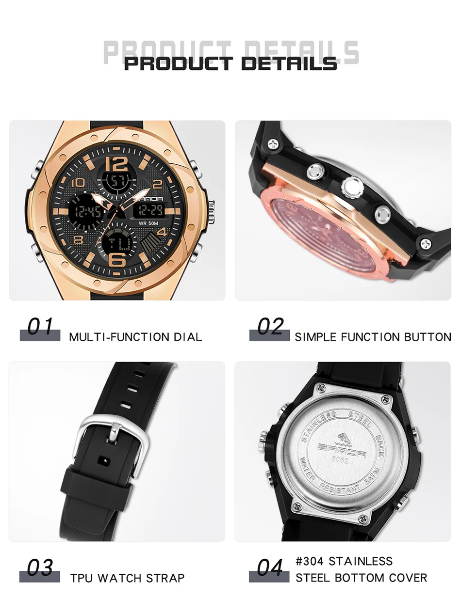 SANDA Sports Women Watches Fashion Casual Waterproof LED Digital Watch Female Wristwatches For Women Clock Relogio Feminino 6062
