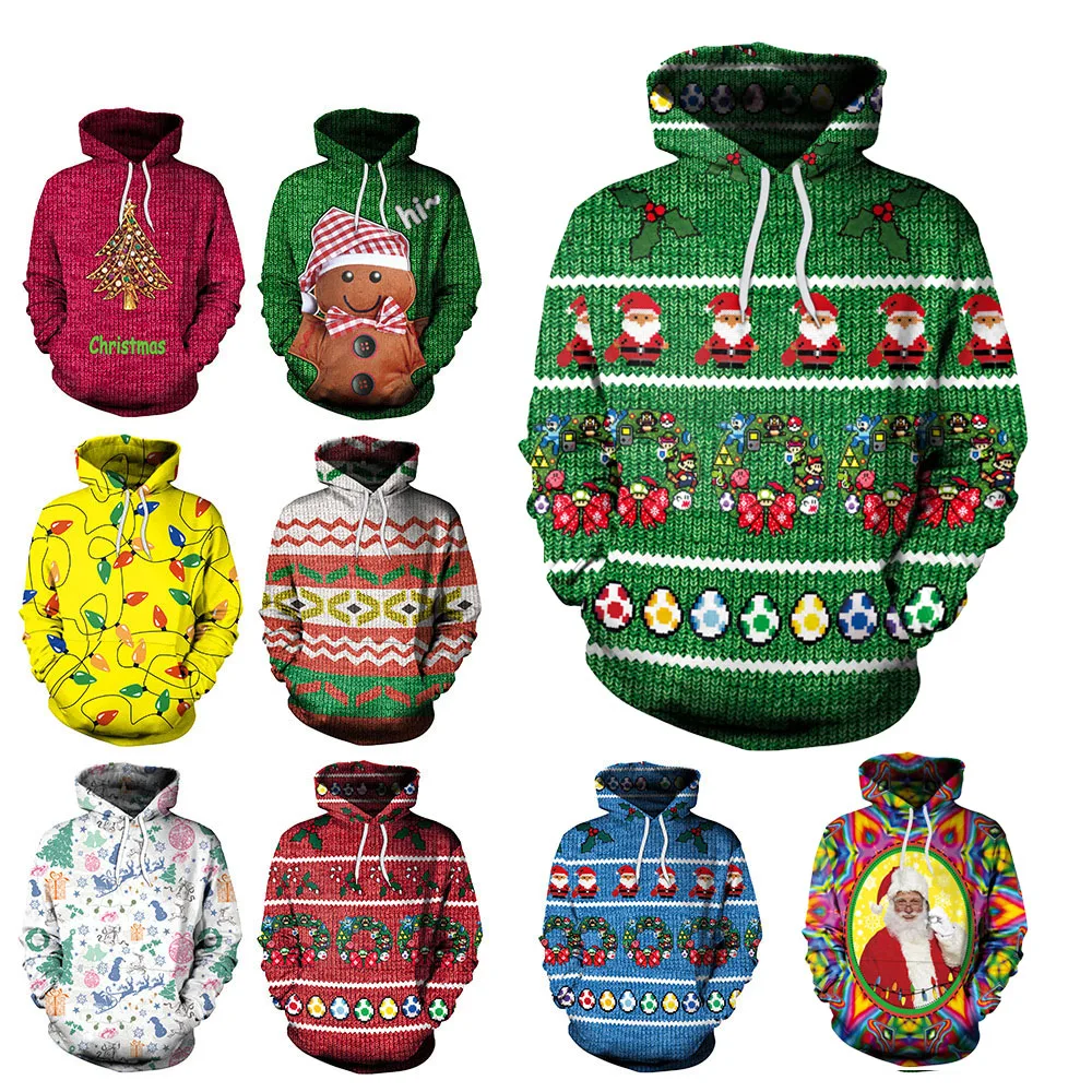 

Men Women Ugly Christmas Sweater 3D Funny Santa Christmas Jumper Autumn Winter Hooded Sweatshirts Party New Year Xmas Clothing