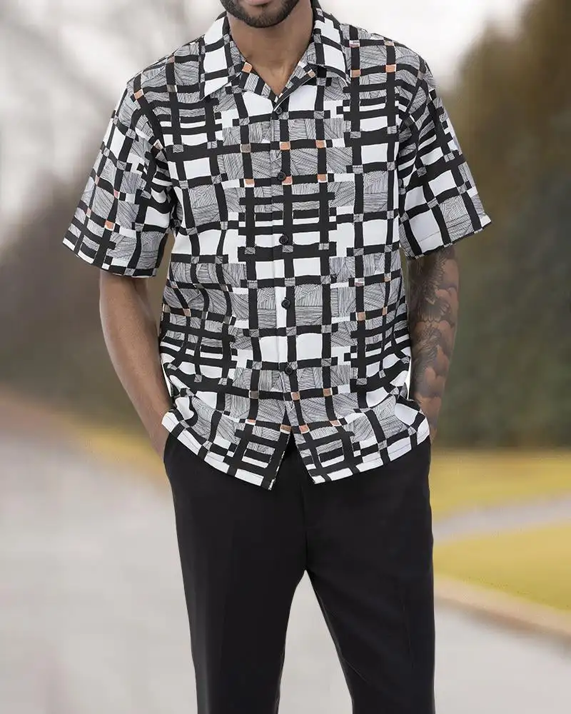 New retro men's suit printed patchwork lapel short sleeve casual shirt suit pants summer street holiday Hawaiian suit S-4XL