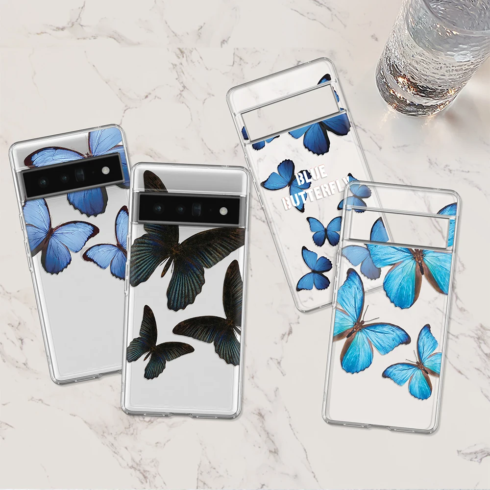 

Blue Butterfly Case for Google Pixel 7a 7Pro 7 6a 6 6Pro 5 5a 5G 4XL 4 2 3XL 2XL 3 3a 3aXL 4a Transparent Soft TPU Cover Capas