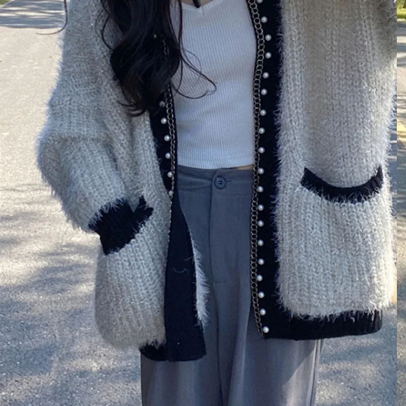 Женский однотонный кардиган с V-образным вырезом длинным рукавом