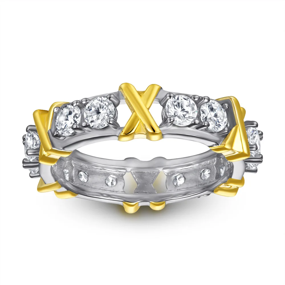 

New fashion trend S925 silver inlaid 5A zircon women's personality cross-colored hipster ring