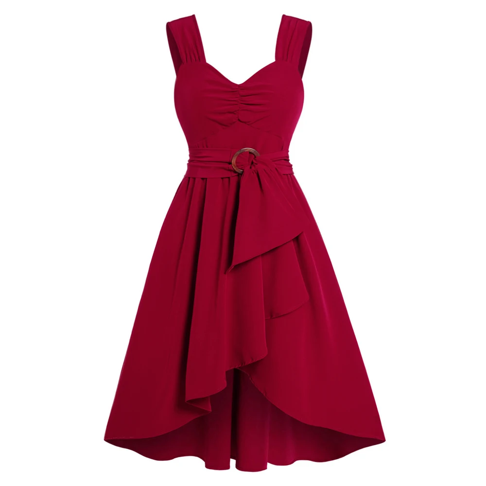 

Plain Color Dress Ruched O-ring Belted High Waisted Asymmetrical Hem Midi Dress