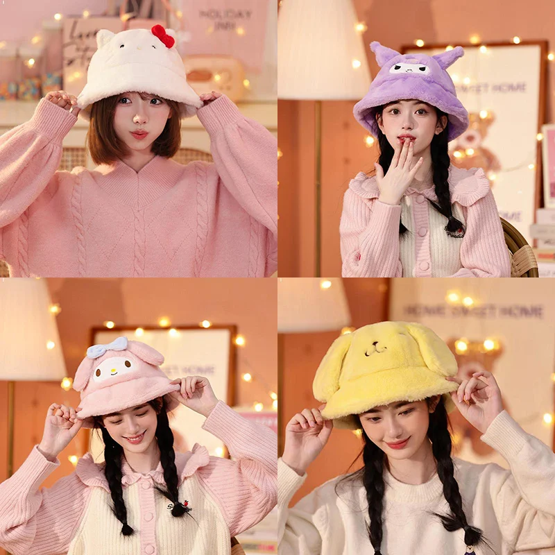 

Kawaii Sanrios Plush Hat Hello Kitty Kuromi Cinnamoroll Cartoon Cute Girls Warm Cold Winter Padded Fisherman Hat Christmas Gifts