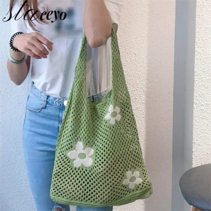 

Сумка на плечо женская с вырезами, простой вязаный саквояж на плечо с цветочным принтом в Корейском стиле, Повседневная Сумочка в лазурном с...