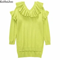 kohuijoo bright green ruffled loose knitted casual sweaters for women pullover v neck long sleeve womens asymmetry sweater