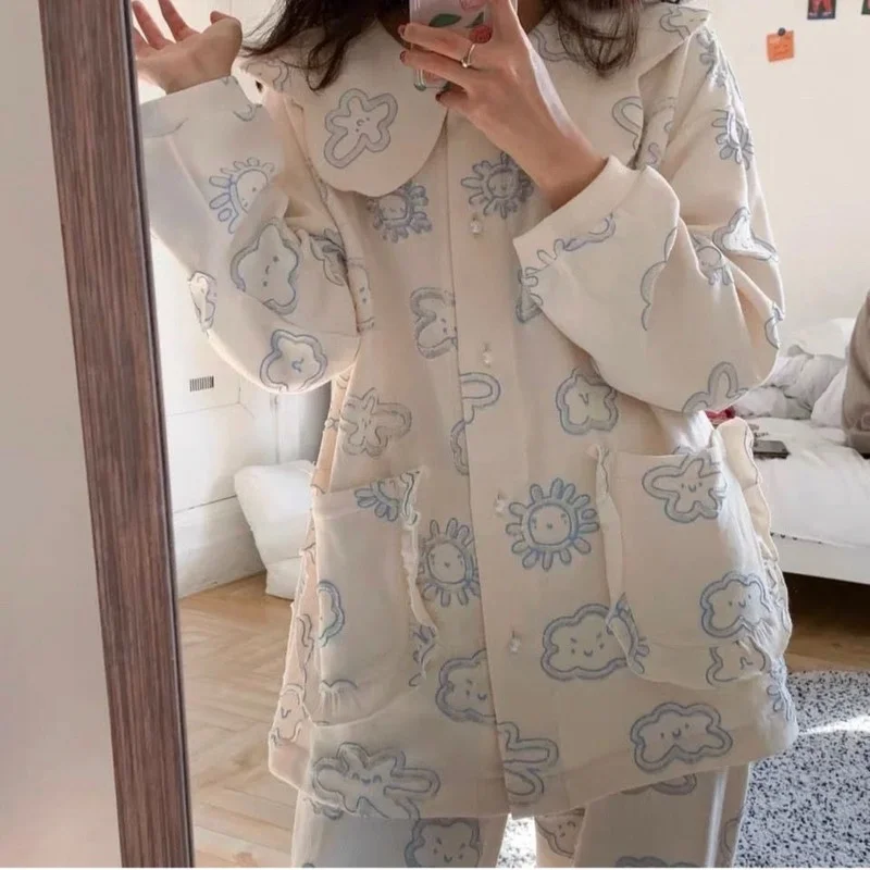 QWEEK Pajama Set Women Spring Autumn Girls Home Clothes Clouds Pijamas Doll Collar Pyjamas Sleepwear Nightwear Ruffles Pocket