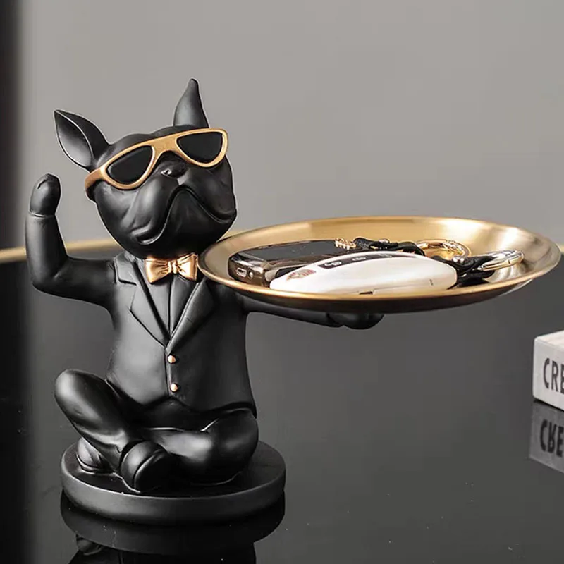 

French Bulldog Figurines Resin Decor Dog Statue Butler with Metal Tray Living Room Decoration Home Sculptures Craft Gift