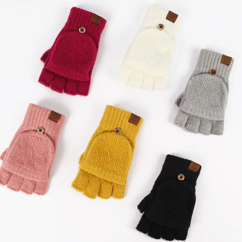 

Solid Color Knitted Fingerless Thicken Wool Flip Gloves Exposed Finger Mittens Touch Screen Glove Women Winter Warm Must