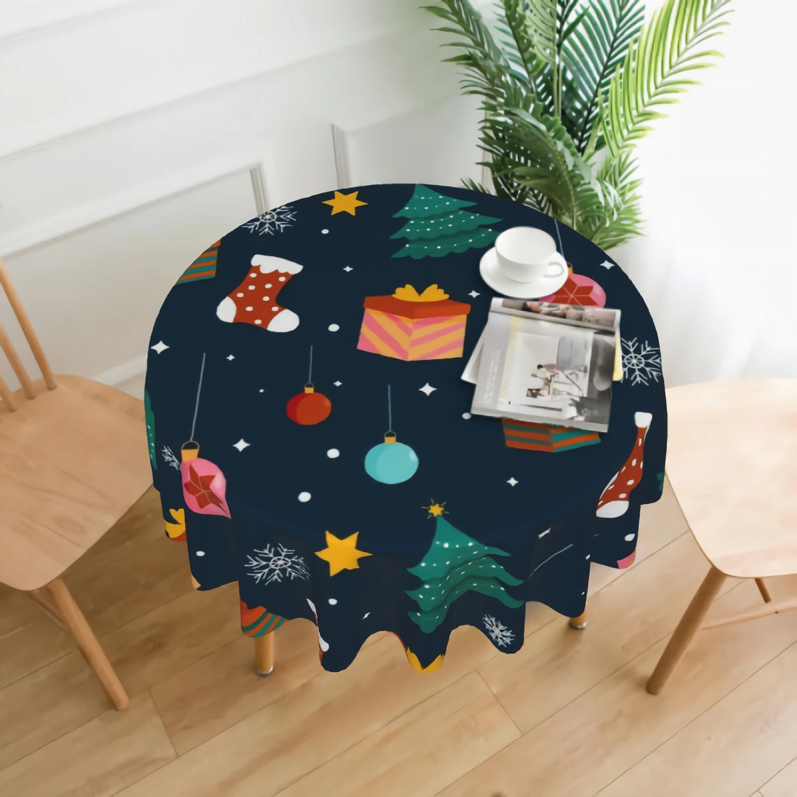 

Christmas Pattern Table Cloth Polyester Round Table Cover for Kitchen Dinning Waterproof Wrinkle Free Table Cloths ( 60in Round)