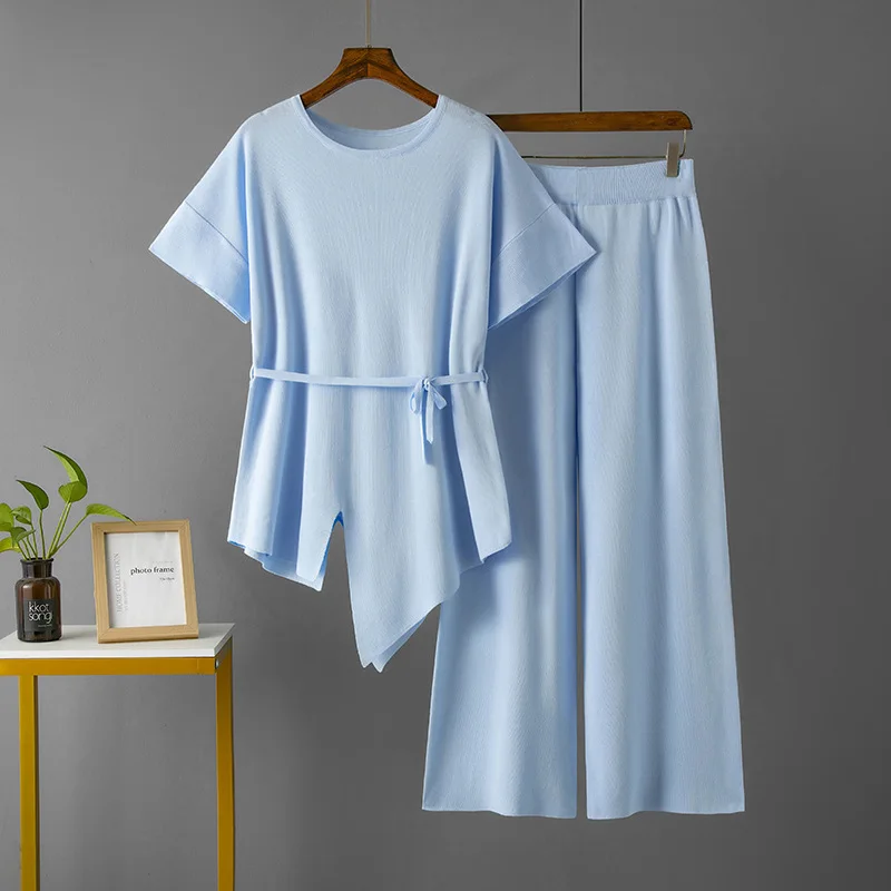 

Pants Set Summer Irregular O Neck Lace Up Knitted Tops with Straight High Waist Slim Wide Leg Pants Suit Women 2-Piece Sets