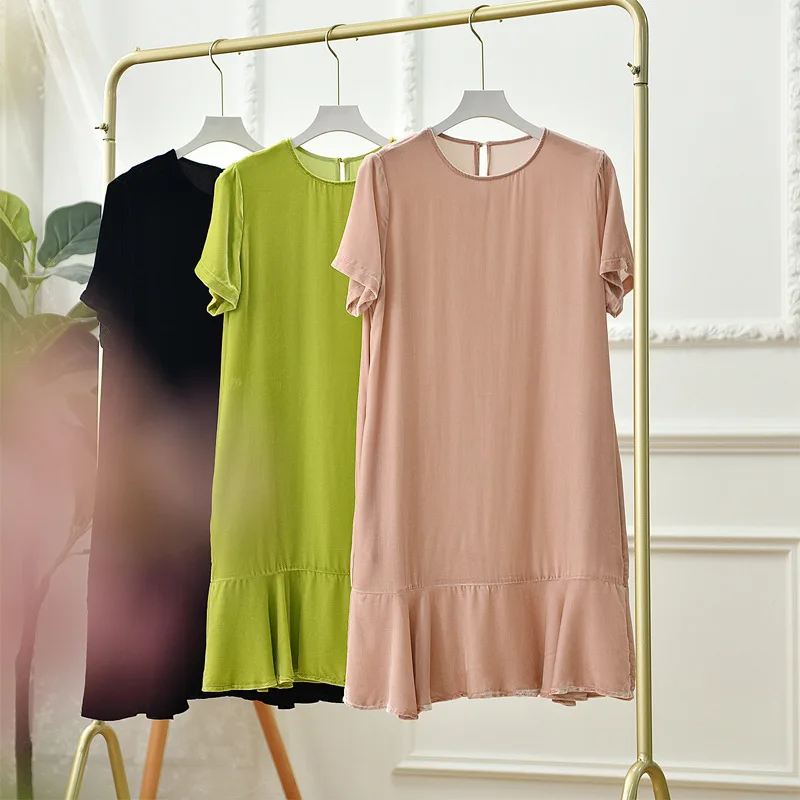 

Silk Velvet Dress Women's Round Neck Short Sleeve Ruffled Gold Velvet Solid Color A-line Skirt 2022 Summer New