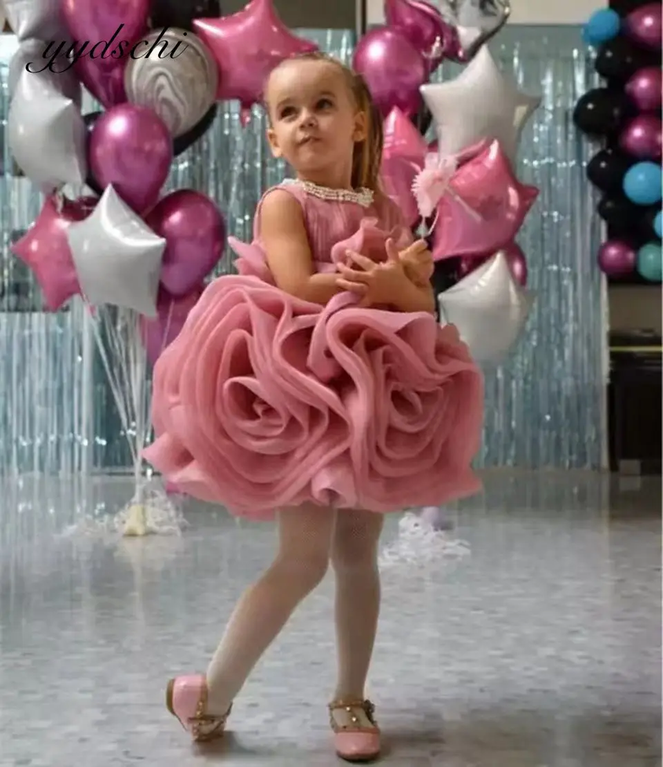 

Blush Pink Flower Girls Dresses For Weddings Knee Length O-Neck Toddler Pageant Dresses With Bow Kid Prom Birthday Party Dresses