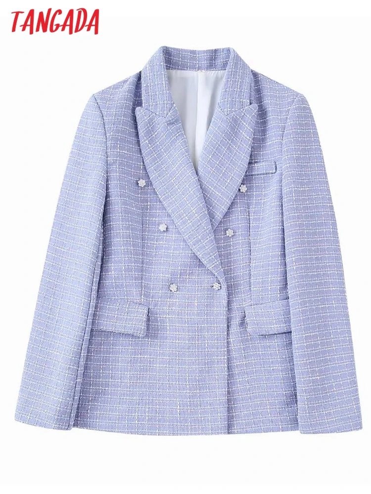 

Tangada Women 2022 Beading Buttons Tweed Double Breasted Blazer Coat Vintage Long Sleeve Flap Pockets Female Suit BE864
