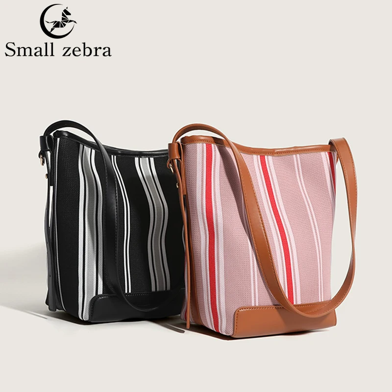 

Large Capacity Commuter Bag Flying Weaving Bucket Bag 2023 Fashionable Striped Underarm Women's Bag Niche Lazy Style Tote Bag