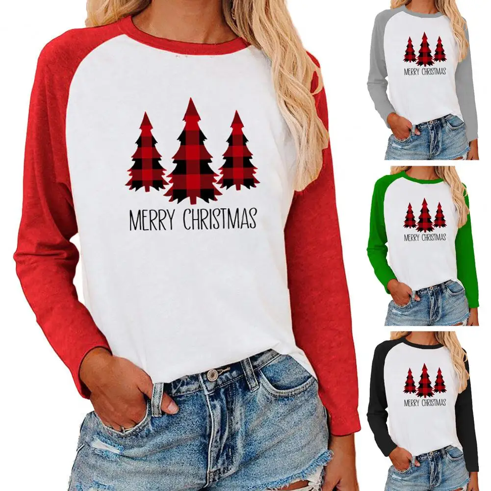 Women Christmas Blouse O-Neck Raglan Long Sleeve Slim Fit Xmas Tree Print Casual Pullover Autumn T-shirt топ женский camisetas