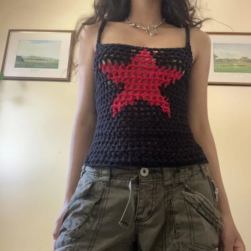 E Girl Cute Star Pattern Crochet Camis Summer Knitted Hollow Out Crop Tops Fairy Grunge Retro Y2K Vest 90s Vintage Streetwear