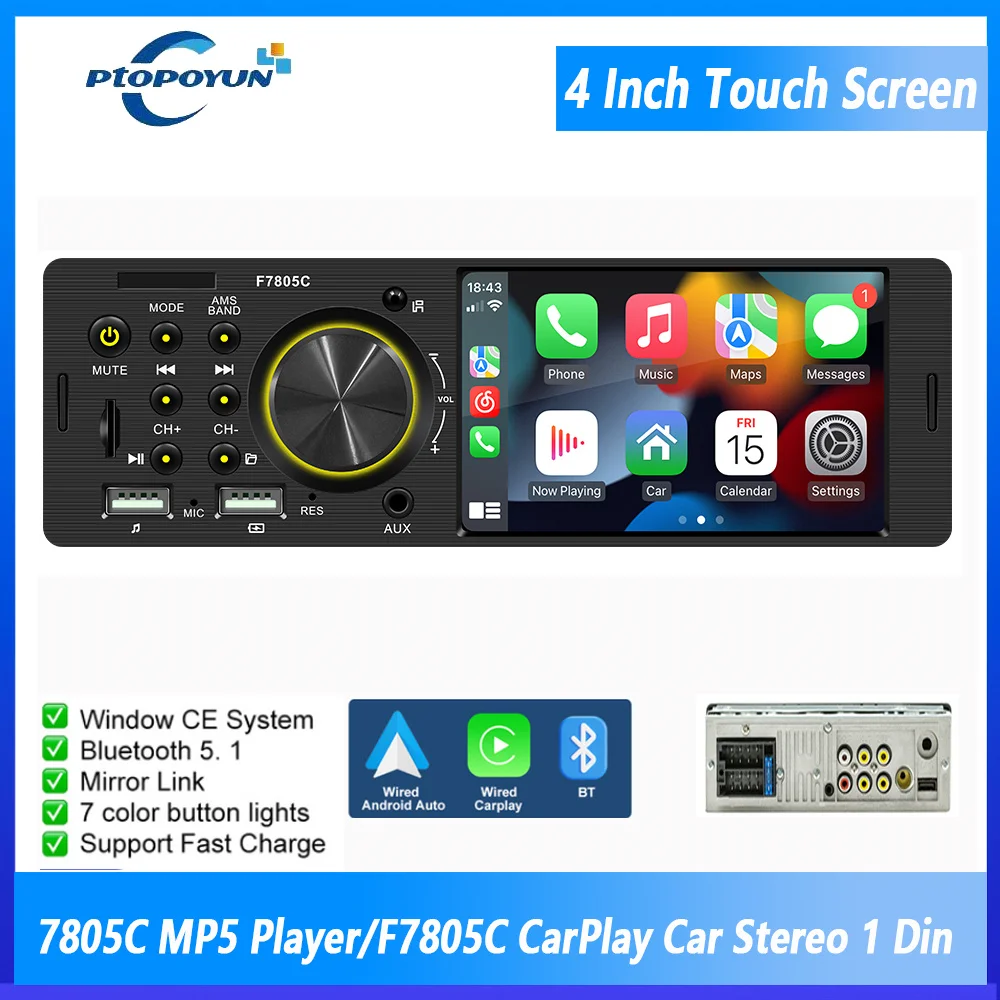 1din Bluetooth Music Handsfree Mp5 Player Tf Usb Charging Remote Audio System Iso 4.1