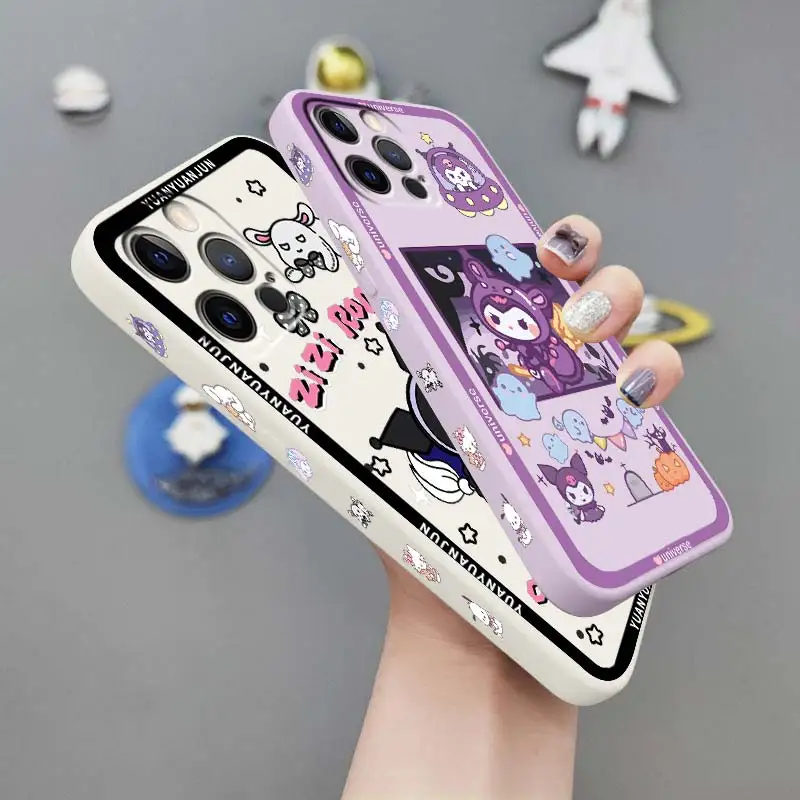 

Kulomi Sanrio Melody Luxury Phone Case For Apple iPhone 14 13 12 Mini 11 XS Pro Max X XR 8 7 Plus SE Liquid Left Rope Cover