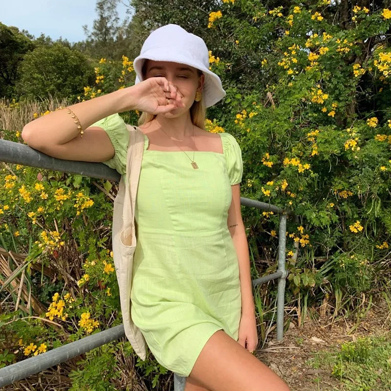 

2000s Aesthetics Sweet Square Collar Green Dresses Y2K Fashion Cute Puff Sleeve A-line Dress Vintage Outfits Streetwear