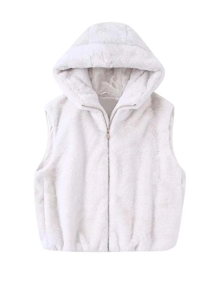 

KLKXMYT TRAF женский жилет, пальто, новинка 2022, Модные жилеты без рукавов с капюшоном из искусственного меха, осенне-зимние повседневные женские п...