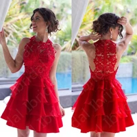 new 2022 bright red homecoming gowns lace short wedding party gowns sleeveless cocktail dresses tiered skirt knee length