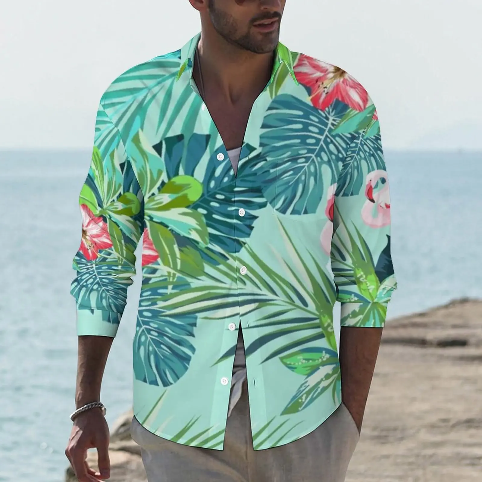 

Flamingo Flower Print Funny Casual Shirt Men Bright Green Leaf Shirt Spring Fashion Blouses Long Sleeve Custom Oversized Clothes