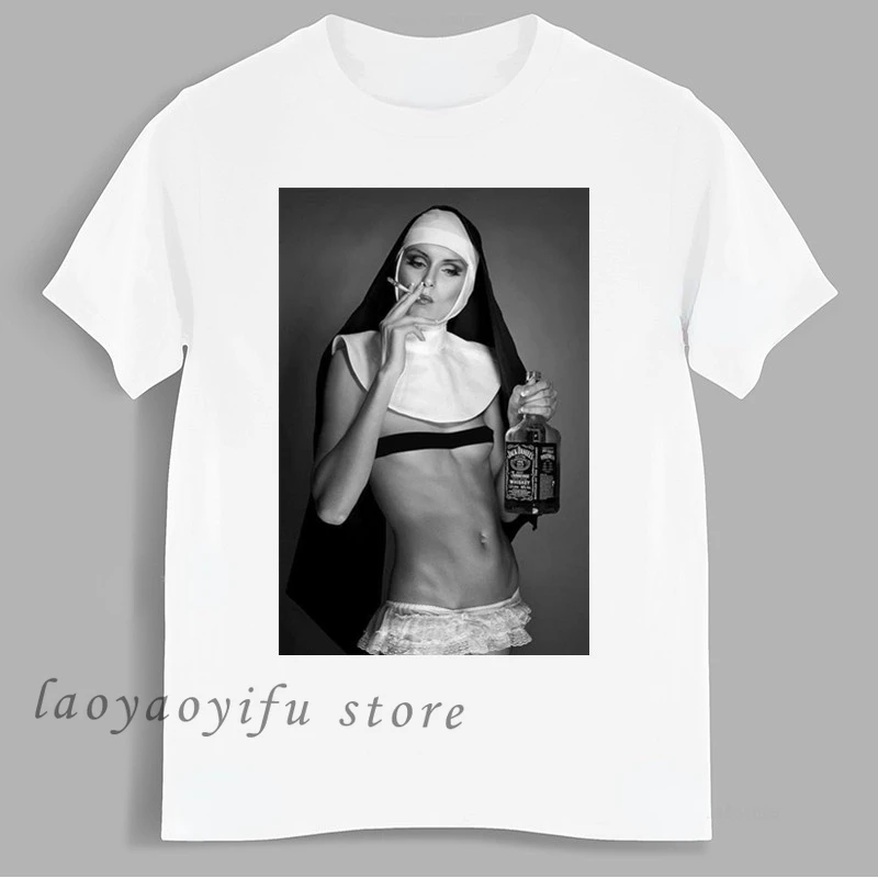 

Nun Smoking Amp Drinking TShirt Bad Girls Popular Streetwear Women Men Harajuku Hip Hop Tops Oversized T Shirt Retro T Shirt