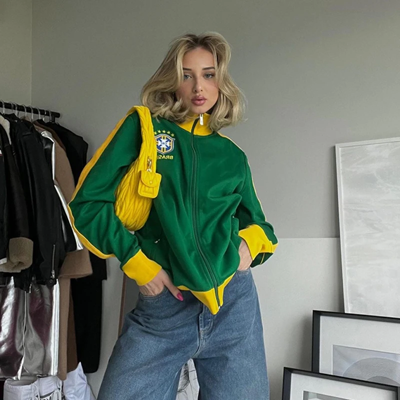 

Винтажная эстетичная Толстовка Y2K, свободная толстовка на молнии с буквенной вышивкой, новинка 2023, винтажный персонализированный популярный стиль