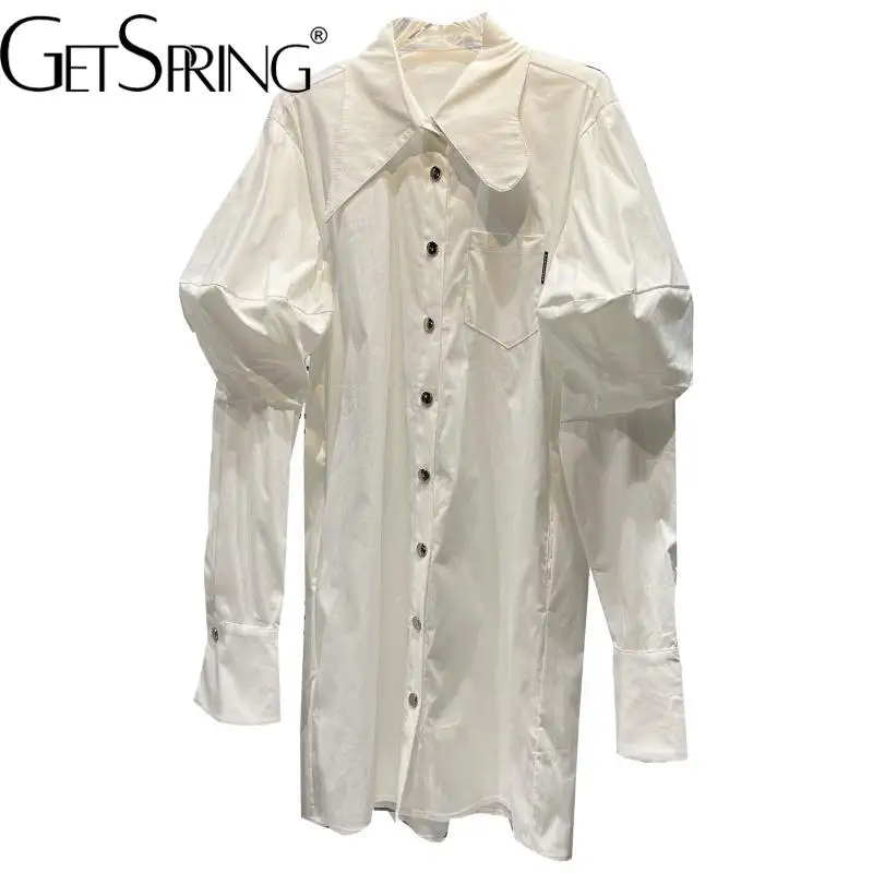 

Женское платье-рубашка GetSpring, однобортное короткое белое свободное платье-рубашка с пышными рукавами и металлическими пуговицами, лето 2022