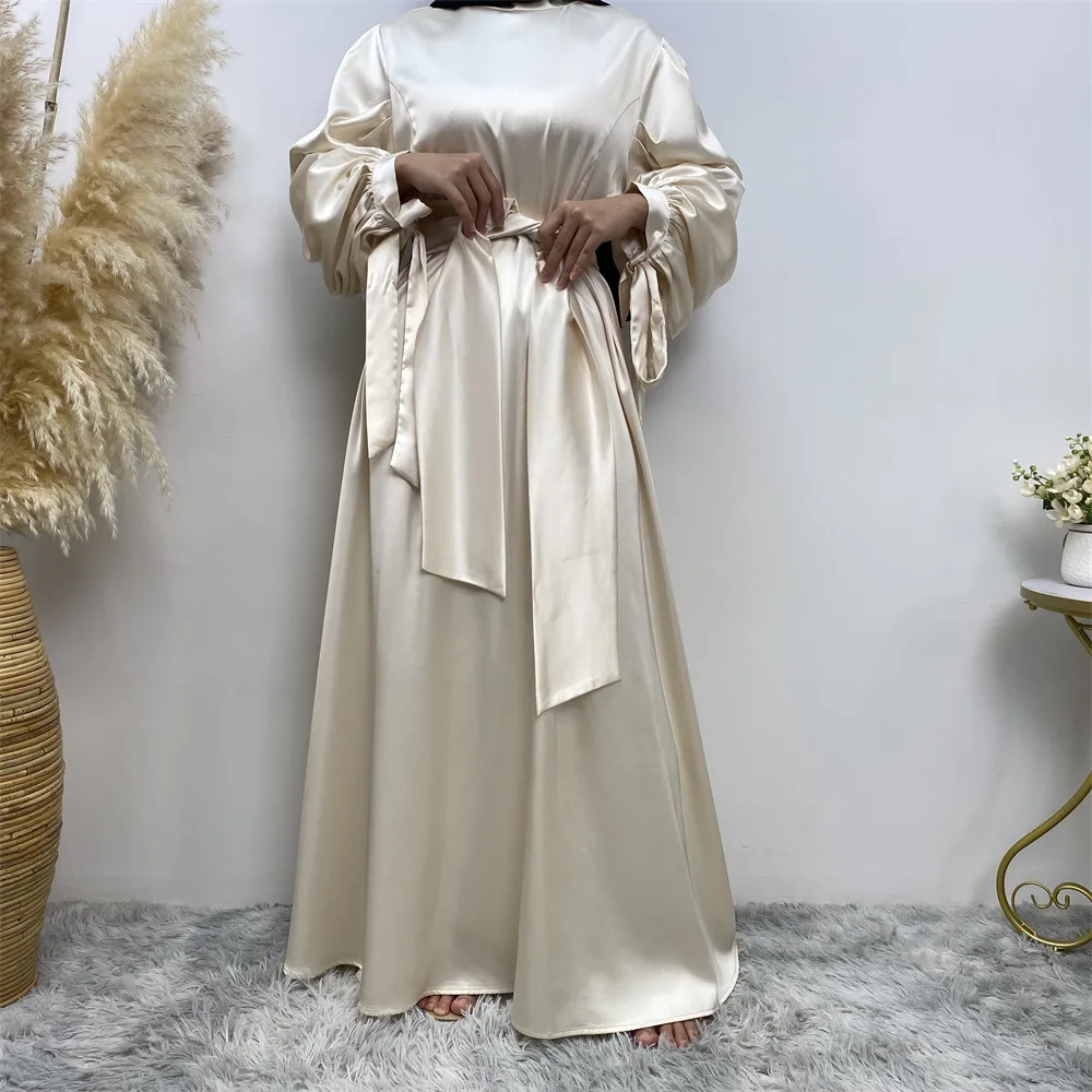 Fashionable and Minimalist Solid Satin Lace Up Sleeves Elegant Dress Muslim Women's Dress Muslim Maximum Dresses for Women