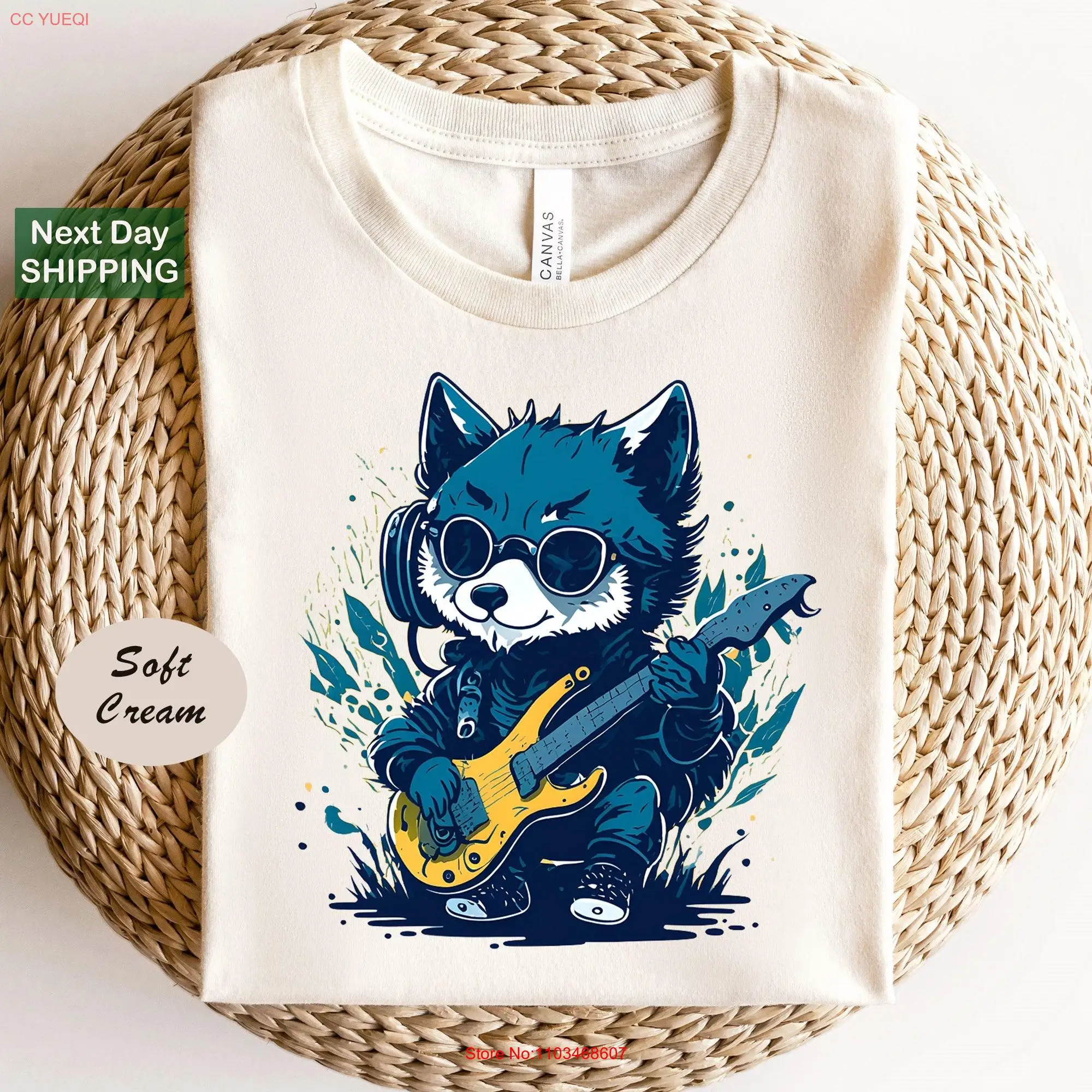 Забавная детская футболка с волком для игры на гитаре и прослушивания музыки