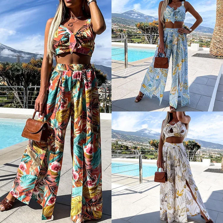 

Women's 2023 Summer New Elegant Printing Sling Vest High Waist Wide Leg Pants Set