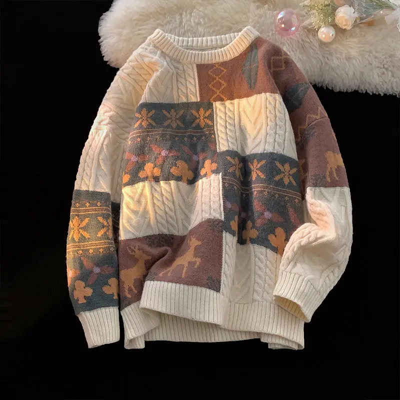 

Hikigawa Chic Fashion Women Streetwear Thicken Vintage Patchwork Jacquard Sweater Casual Pull Femme Hiver Top Loose Knitwear