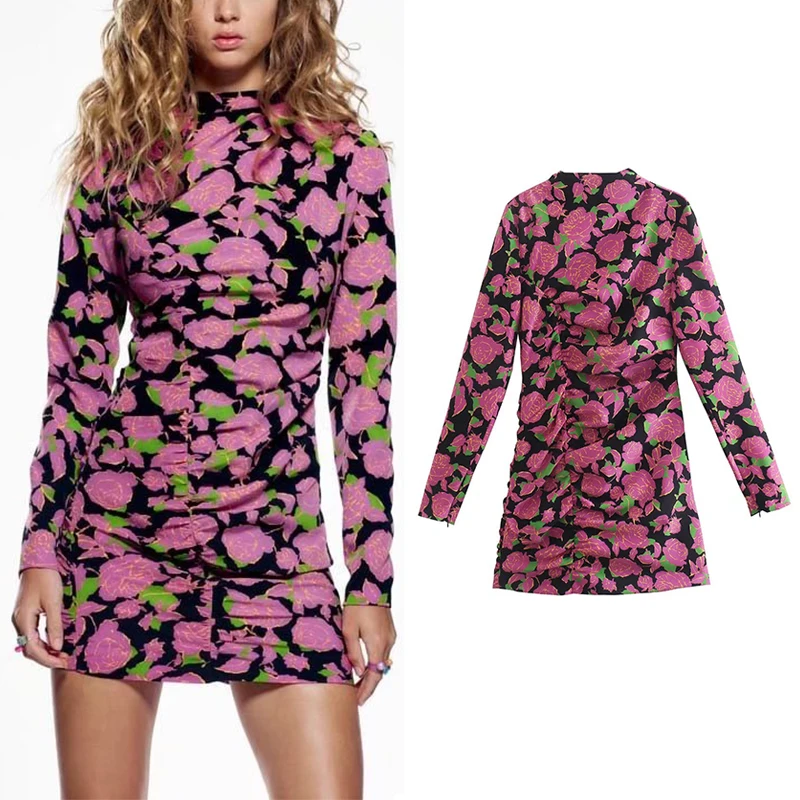 

Женское мини-платье с принтом, весеннее приталенное шикарное платье с длинным рукавом и воротником-стойкой, 2022