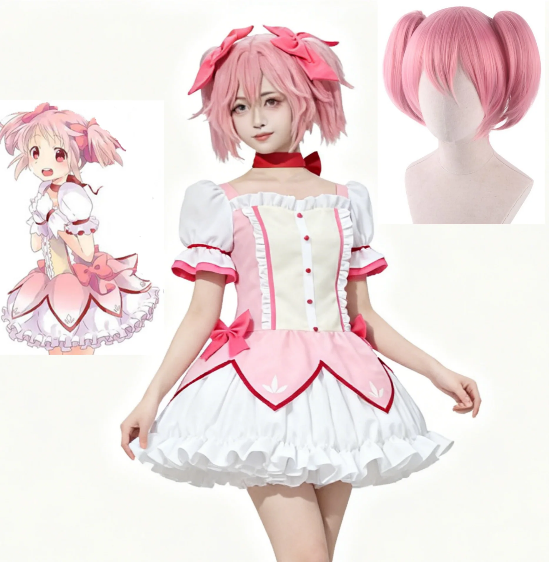 Фото Puella Magi Madoka Magica Akemi Homura Kaname Madoka Косплей Костюм Парик Розовое бальное платье и белая форма JK Наборы для вечеринок №1