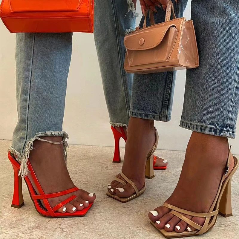 

Women Pumps Sandals 2022 Plus Size Thin Heels Summer Fashion Square Toe Casual Ladies Slides New Orange Female Slides Shoes
