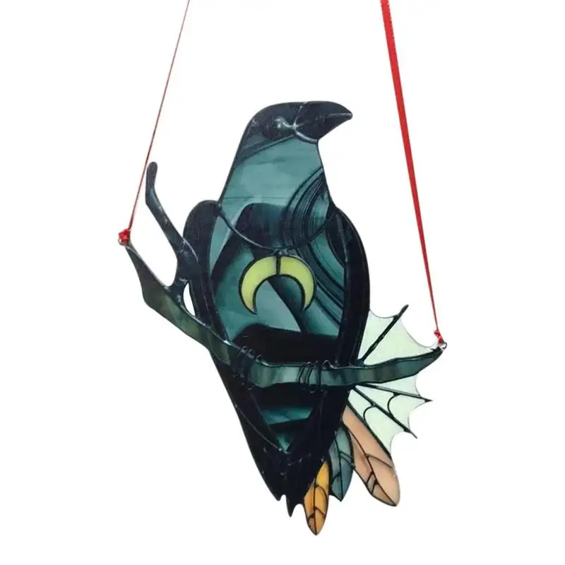 

Crow Witch Stained Black Bird With Moon Necklace Decorative Window Wall Hanging Ornament Glass Garden Figurines