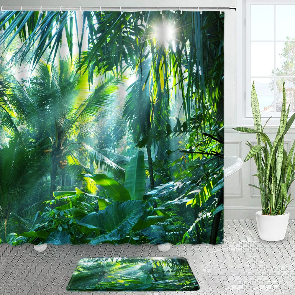 

Tropical Jungle Plants Shower Curtains Bath Mats Set Monstera Palm Tree Natural Scenery Modern Anti-Slip Door Rug Bathroom Decor