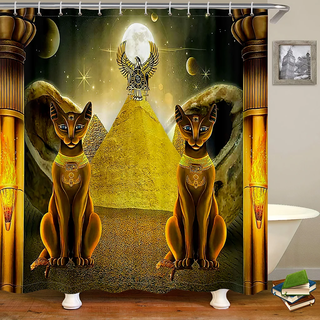 

Роскошная дизайнерская Золотая Полиэстеровая занавеска для душа в стиле ретро египетской серии Фараона для ванной комнаты, водонепроницаемая ткань с 12 крючками для декора