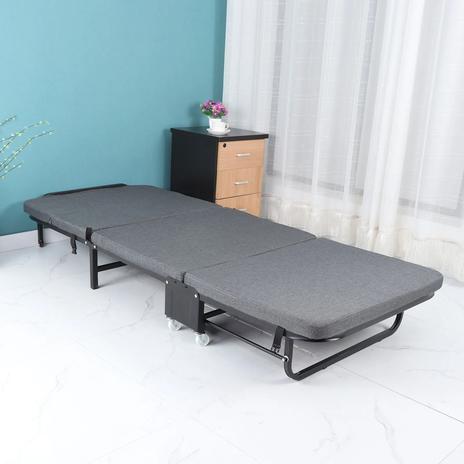 With Thick Memory Foam Mattress Heavy Duty Cot Size Metal Bed 74.8(l)x31.4(w)x11.8(h)inch[us-stock]