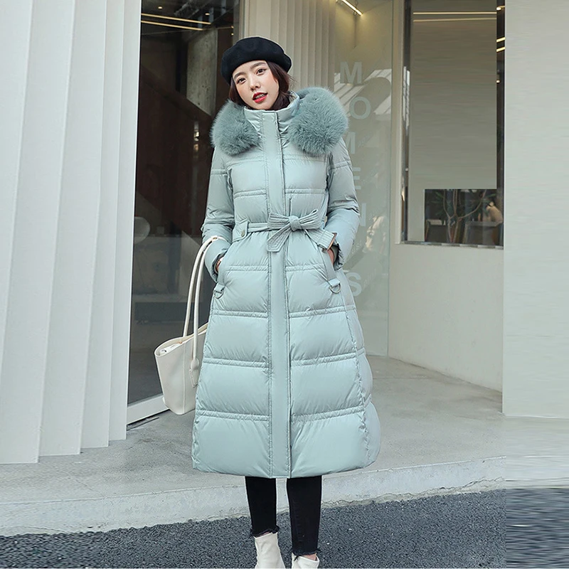 

Женская Стеганая куртка с большим меховым воротником и капюшоном, однотонная Толстая теплая парка с регулируемой талией, облегающее длинное хлопковое пуховое пальто, зима 2022