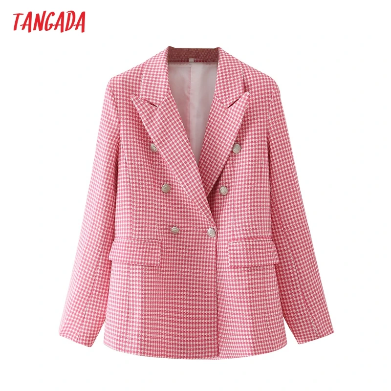 

Tangada Women Pink Plaid Print Blazer Female Long Sleeve Elegant Jacket Ladies Work Wear Blazer Formal Suits DA201