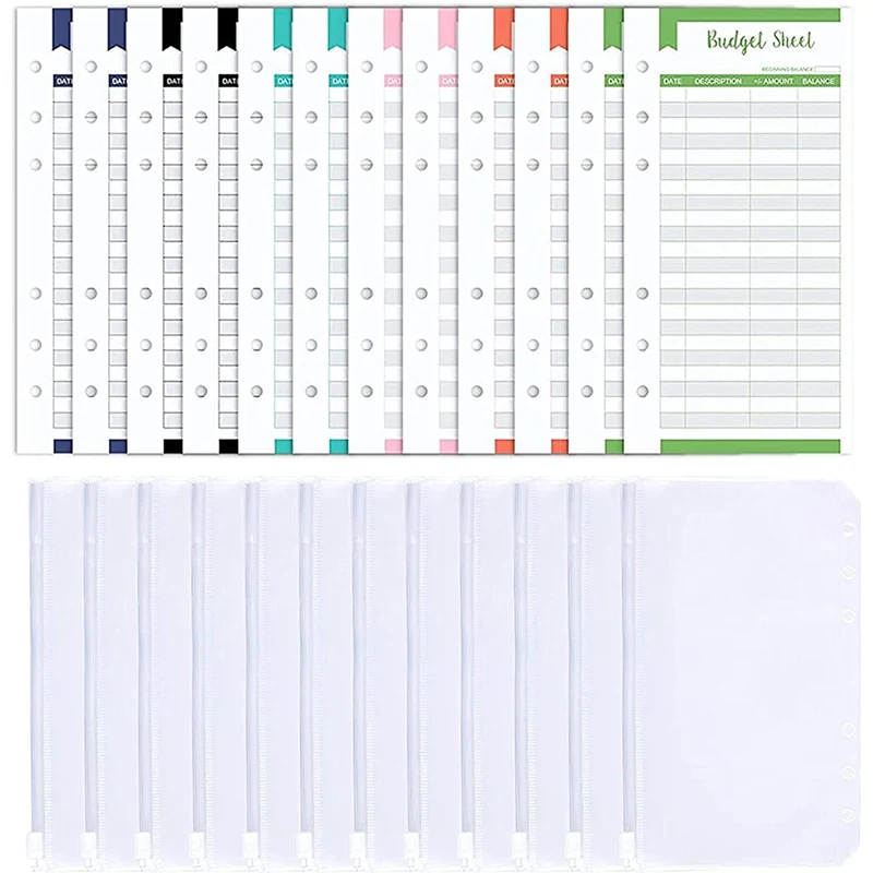 

12PCS A6 6 Holes Clear Poly Zipper Binder Pockets Waterproof PVC Pouch With Cash Budget Sheets Expense Trackers Forms